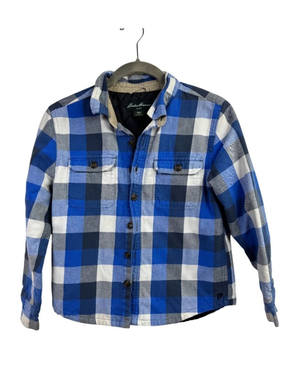 Eddie Bauer Kids Blue Plaid Quilted Flannel Shirt Jacket size Small Fall Outdoor